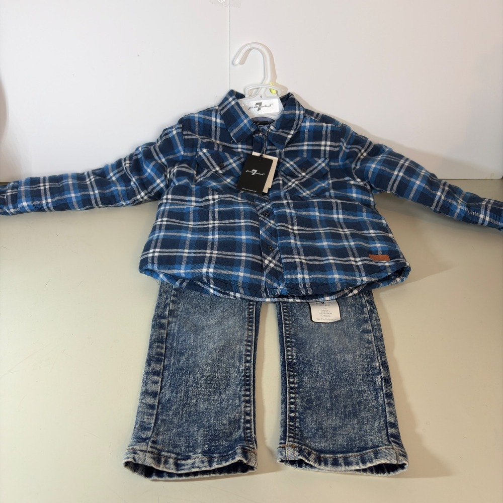 7 For All Mankind TODDLER 4T Blue Plaid Quilted Shacket Acid Wash Jeans 2pc Set